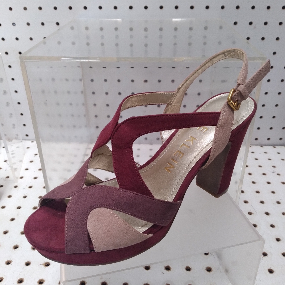 Anne Klein Women Burgundy Sandals Suede Straps Block Chunky Platform Heel Pump - Picture 6 of 12